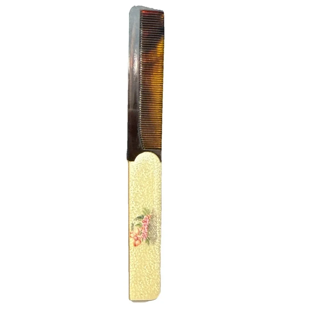 Vintage Brass Folding Purse Comb Travel Enamel Fold Textured Mid Century Modern